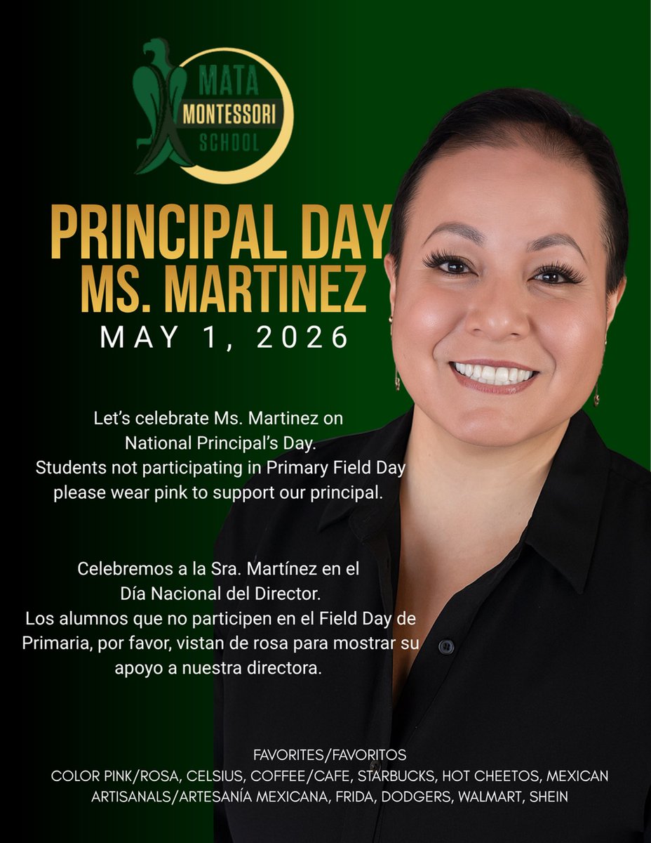 MontessoriMata's tweet photo. Wear Pink on May 1st to celebrate our Principal Ms. Martinez. #favs#Principal https://t.co/qvj0KLBsjA