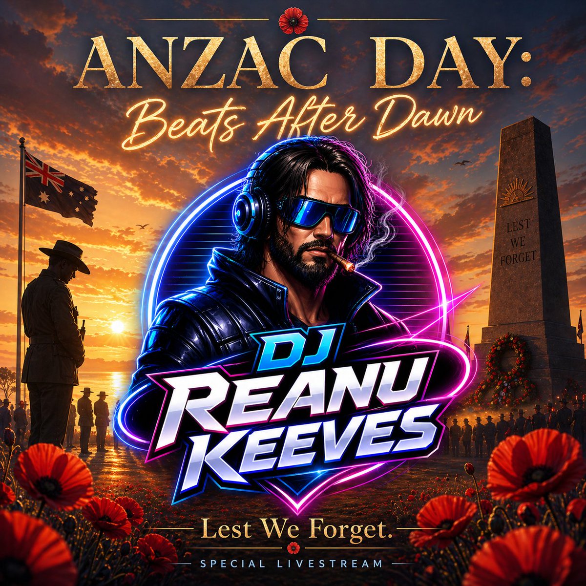 🌅 ANZAC Day: Beats After Dawn 🌅

Going live today for a special ANZAC Day mix — energy, throwbacks, and a few moments of respect after the dawn.

As a GWOT-era veteran, this one means a bit more.

🎧 DJ Reanu Keeves
🔴 twitch.tv/reanukeevesau
Lest We Forget.