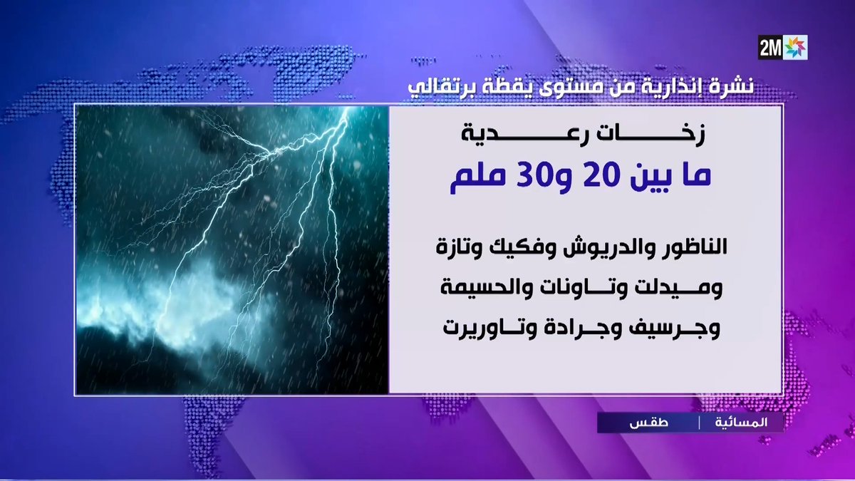 تتوقع المديرية العامة للأرصاد الجوية تسجيل زخات رعدية محليا قوية مع تساقط البرد ابتداء من الجمعة إلى غاية السبت، بعدد من مناطق المملكة 