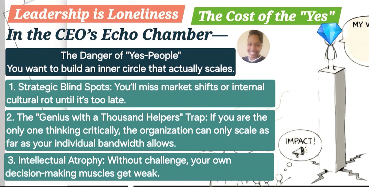 MsLorenK's tweet photo. Leadership is Loneliness, In the CEO’s Echo Chamber—🧵 The Danger of "Yes-People"
You want to building an inner circle that scales, which means moving from validation to calibration.
#LearningMode
If you’ve reached a certain level of leadership, you’ve likely noticed a strange pattern: the higher you climb, the quieter the truth becomes. It’s one of the great paradoxes of power.
We seek leadership to have an impact, yet the very position of authority often creates a "social soundproofing" that prevents us from hearing what we actually need to know.
This is called the CEO’s Echo Chamber.
Why the Echo Chamber Happens
It’s rarely a conspiracy. Most of the time, "Yes-people" are born from two very human instincts.
The Danger
In social psychology, this is a form of Groupthink. When an inner circle prioritizes harmony and conformity over accurate analysis, the leader begins to make decisions based on a distorted reality.
#FocusMode
The Cost of the "Yes"
When you are surrounded by people who only mirror your own thoughts back to you, the risks are very very high.
Here is how you start cracking the glass of the echo chamber today:
✅️Reward "Productive Friction": Don't just tolerate dissent; celebrate it. When someone points out a flaw in your plan, thank them publicly.
✅️The "Last to Speak" Rule: In meetings, state the problem, but withhold your opinion until everyone else has shared theirs. Your title carries a lot of weight—don’t let it crush the room’s creativity before they've had a chance to speak.
✅️Hire for "Cognitive Diversity": Stop looking for "culture fits" (which often just means people who think like you) and start looking for "culture adds"—people who bring a different perspective or a healthy skepticism to the table.
#LeadershipLoneliness
#ExecutiveBlindspots
#ScaleWithTruth
#ReadyMode