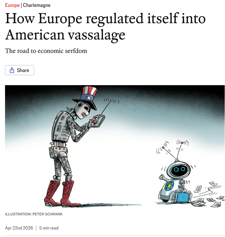 Este artículo de The Economist es brutal en su exposición de algo que vengo sosteniendo desde hace años:

la sobrerregulación tecnológica europea eleva tanto la barrera de entrada (costes burocráticos, sanciones enormes) que sólo pueden afrontar empresas grandes. 

Es un golpe