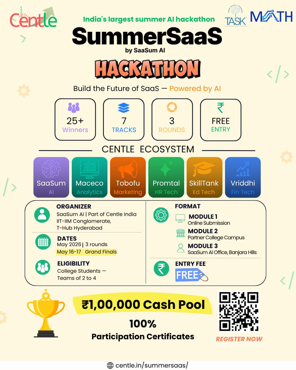 tasktg's tweet photo. Build. Innovate. Launch.
TASK X SummerSaaS 2026 —India’s Largest AI Hackathon is here!
FREE | ₹1L Cash Pool | 250+ Internships
May 1–17 | Open to all college students
Don’t just watch startups this summer — build one.
🔗https://t.co/yJZEHt6d3k
#AI #Hackathon #Startup #Innovation https://t.co/gHaUqEiOED