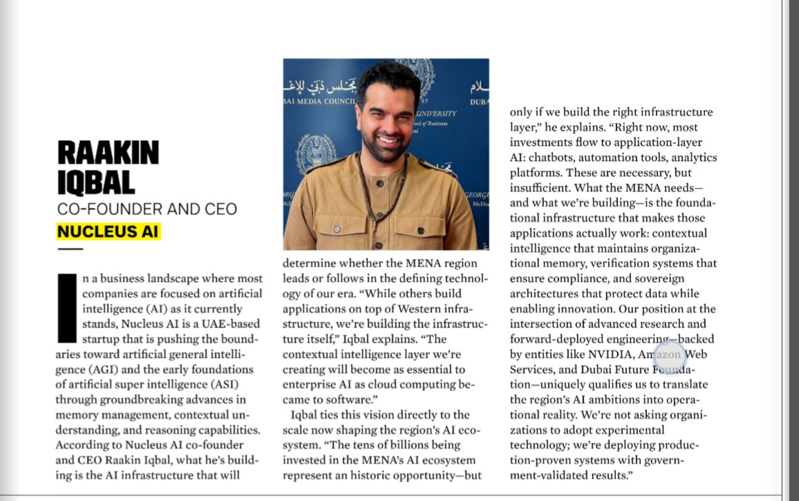 Raakin's tweet photo. @nucleusagi just got named one of @inc_arabia 30 gamechangers in ai for MENA. still sitting with it. 

But what hits more than the recognition is this: a major business publication is now writing about the infrastructure layer, not just the application layer. that's a shift worth paying attention to.