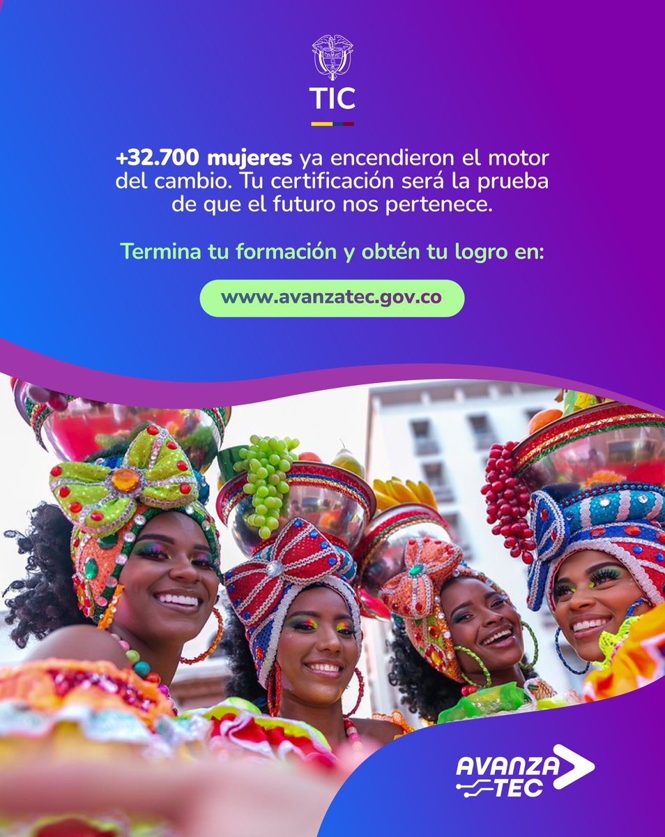 Ministerio_TIC's tweet photo. El cambio digital en Colombia tiene nombre de mujer. Somos más de 32.700 inscritas demostrando que el futuro tech nos pertenece. Aprovecha tu formación gratuita con el @Ministerio_TIC y aliados globales para potenciar tu perfil.Cumple tu meta en: https://t.co/PFsruJbEqs #AvanzaTEC2026