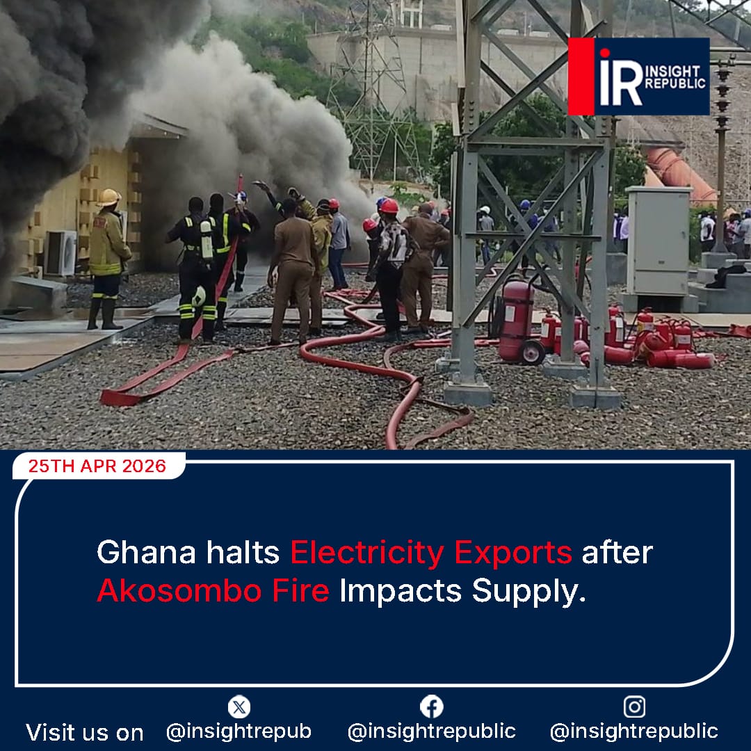 INSIGHTREPUB's tweet image. Ghana has suspended electricity exports after a fire at the Akosombo transmission network disrupted power supply. Authorities are ramping up thermal generation as engineers work to restore stability across the national grid.
#ghana #energycrisis #powersupply #akosombo