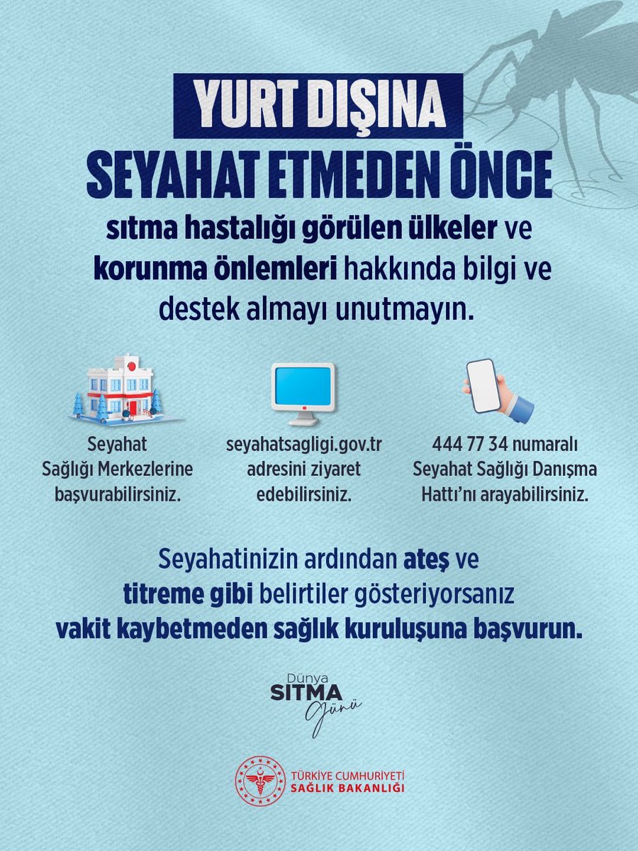 Yurt dışına seyahat etmeden önce sıtma hastalığı görülen ülkeler ve korunma önlemleri hakkında bilgi ve destek almayı unutmayın.

#DünyaSıtmaGünü
