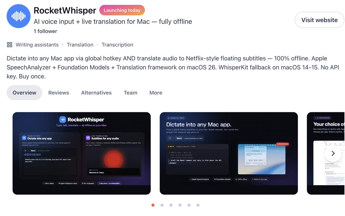mojosoft_biz's tweet image. 🚀 Product Hunt、本日ローンチしました！

RocketWhisper for Mac — 音声入力 × ライブ翻訳、すべてオフラインの Mac アプリです。

応援していただけると励みになります 🙏
producthunt.com/products/rocke…

コメントでご質問等あればお気軽に！

#ProductHunt #macOS #個人開発