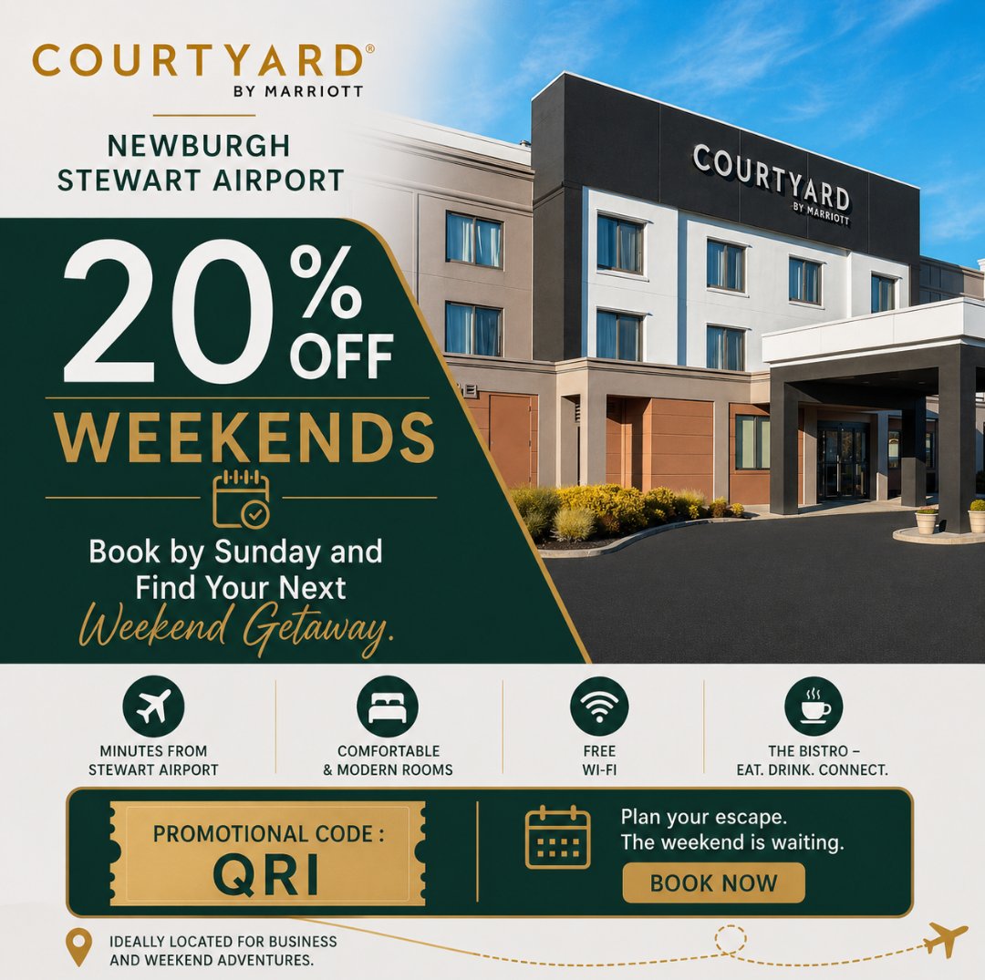 Newburghhotel's tweet image. 🌿 Weekend Getaway Just Got Better! ✈️
Escape the routine and enjoy 20% OFF on weekend stays at Courtyard by Marriott Newburgh Stewart Airport 🏨
🎟️ Use Promo Code: QRI
👉 Your next relaxing getaway:
marriott.com/offers/last-mi…
#WeekendGetaway #TravelDeals #Marriott #NewburghNY