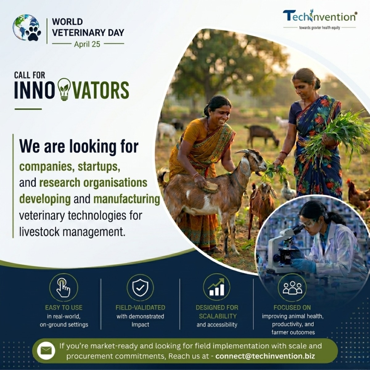 TechinventionL's tweet photo. On the occasion of World Veterinary Day, we’re calling on innovators shaping the future of livestock management.

We have been currently engaged to identify market-ready technologies for field deployment, developed and manufactured by companies, start-ups and research organizations.

We’re particularly interested in solutions that are:

✔️ Easy to use in real-world, on-ground settings

✔️ Field-validated with demonstrated impact

✔️ Designed for scalability and accessibility

✔️ Focused on improving animal health, productivity, and farmer outcomes

This includes:

🔹 Diagnostics and disease surveillance tools

🔹 Vaccines and preventive health solutions

🔹 Digital tools for herd management

🔹 Nutrition and feed innovations

🔹 Reproductive health technologies

If you are working on something in this space, or know someone who is, we would love to connect and learn more.

Reach us at - 📩 connect@techinvention.biz

#WorldVeterinaryDay #LivestockInnovation #AnimalHealth #VetTech #LivestockManagement #OneHealth #HealthInnovation #StartupEcosystem #TechInvention #CallforInnovators

@DBTIndia @BIRAC_2012 @startupindia @tdbgoi
@investindia @BMGFIndia @vaxhub @BactiVac
@UNOPS @LuckyInvest_ARK @IndiaDST @EIB @ICMRDELHI @ICMR_RMRCBBSR @BIRAC_2012
@gatesfoundation @UNICEF @IFPMA
@innovateuk