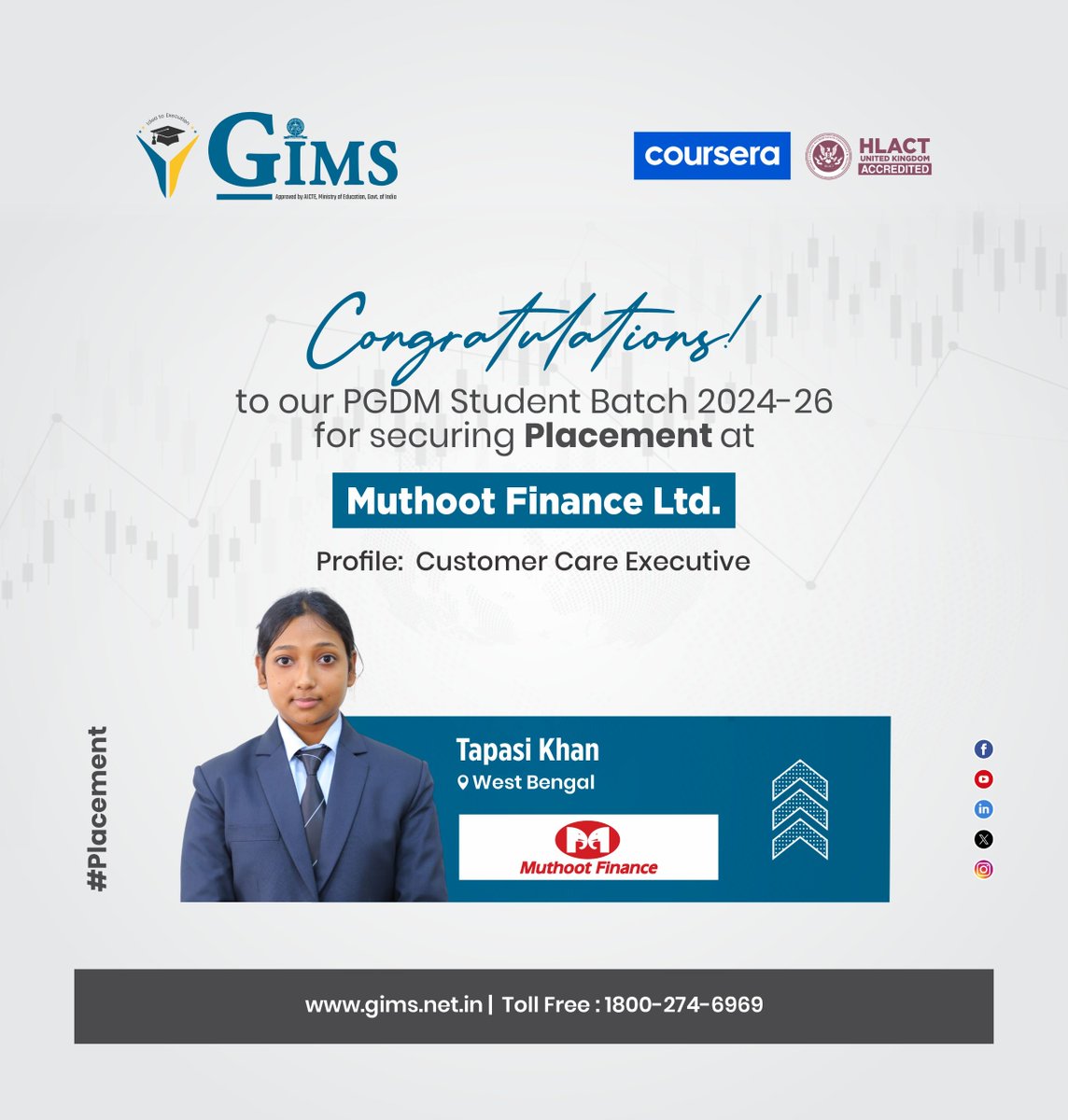 GNIOTCollege's tweet image. GIMS congratulates PGDM Batch 2024 to 26 students on securing placements at Muthoot Finance Ltd celebrating dedication and career success 
#placements #GIMS #Success #CareerGrowth #CorporateLife