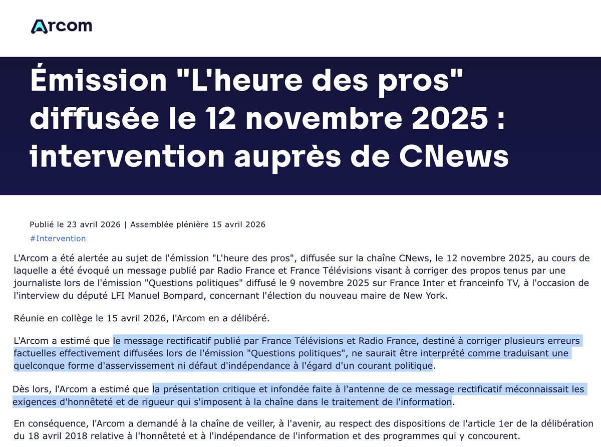 N_Hervieu's tweet photo. Audiovisuel : L'Arcom a aussi relevé une méconnaissance par @CNews de ses obligations  d'honnêteté &amp; de rigueur.

Car lorsque France Télévisions &amp; Radio France ont corrigé leurs propos sur Zoran Mamdani, il a été affirmé sur @CNews que cela révélait un « asservissement » à LFI. https://t.co/WEApHAQyVF