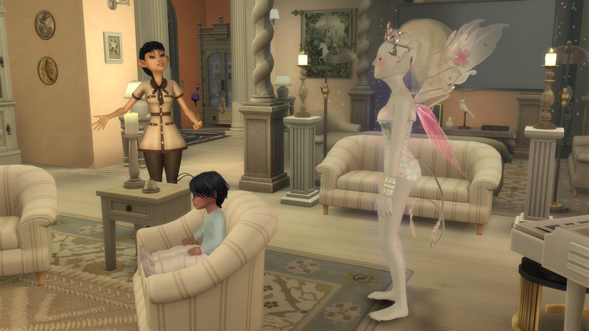 Nouveaux personnages dans la famille... 
Ermelinda, mère d'Enael, Eanna n'a pas été acceptée, elle devient la mère de Capucine et vit avec. 
Daiky le majordome et Liberty la nounou. 
Je dois refaire les liens famille, le nouveau système me refuse des liens. #GregEon #Sims4