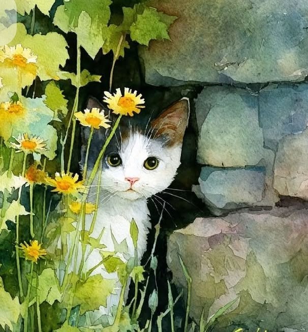 LuciaTassan's tweet image. Happy #Caturday!
Have a fun day, with a joyful peekaboo 😹🐾😻

#Catart   watercolour 
🖼by unknown