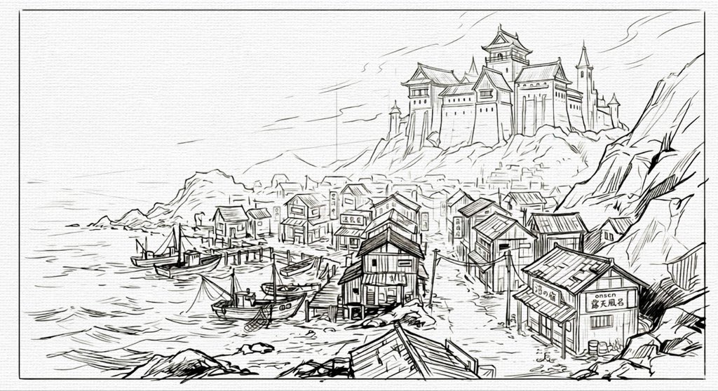 Lynndraws's tweet image. Imagine a small town by the sea , where the salty breeze meets the , and you can’t shake the feeling that someone’s always watching. I used structure and tension to bring this world to life for @Ryujin2xd. 

#EnvironmentDesign #Worldbuilding #InkDrawing #IllustrationArt