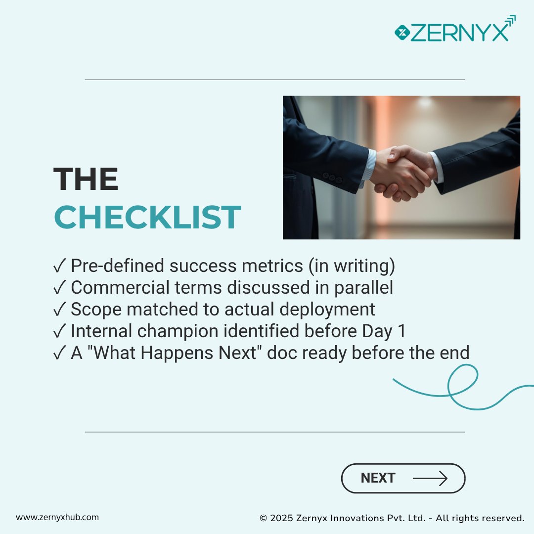 Zernyxhub's tweet image. Most pilots end with: 
"Interesting. We'll be in touch." 

Why? 
→ No success metrics 
→ Ignored the partner's problem 
→ No commercial talk 
→ No internal champion 

Design the partnership first. Then the pilot. 

#Tech #Pilots #ZernyxHub