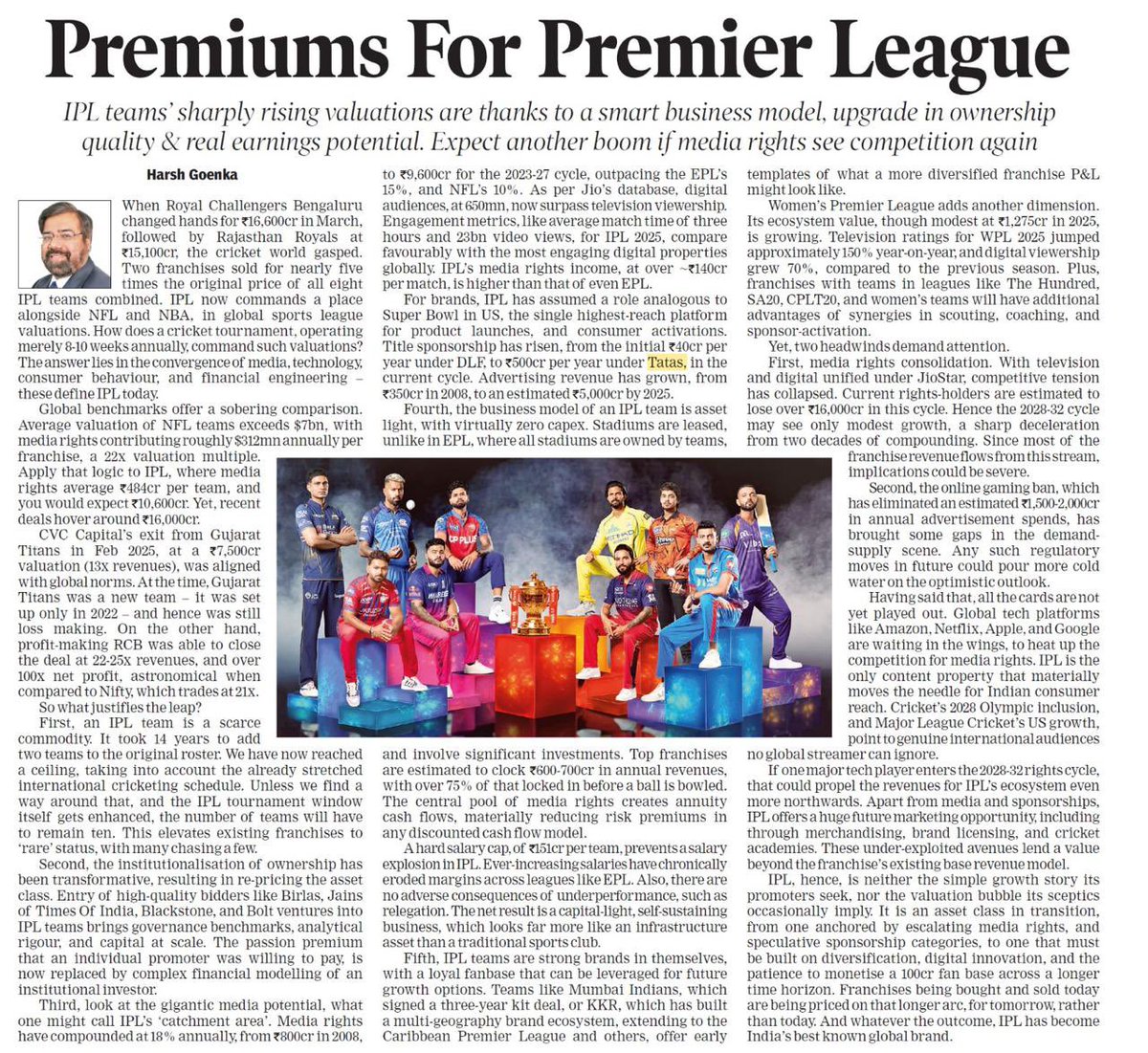 hvgoenka's tweet photo. My article in Times of India on the high valuations of IPL teams https://t.co/f7713QyGJP
