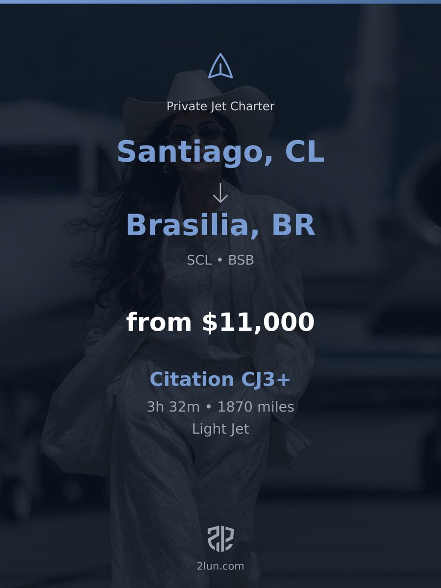2lunjet's tweet image. 🇨🇱 Santiago → Brasilia 🇧🇷
Private Jet Charter

3h 32m | 1870 miles | From $11,000

Book your flight:
2lun.com/route/scel/sbbr

#PrivateJet #BusinessAviation #FlyPrivate