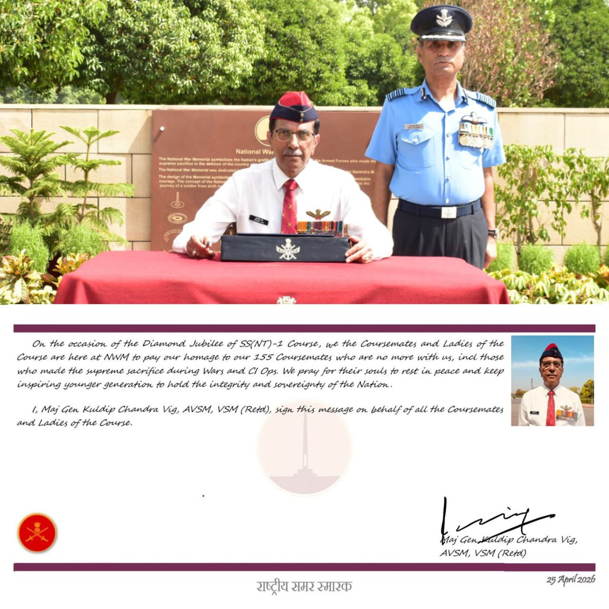 salute2soldier's tweet image. On behalf of SS(NT) -1 Course marking completion of 60 years of commissioned service, Maj Gen Kuldip Chandra Vig, AVSM, VSM (Retd) &amp;amp; veteran officers paid homage to #Bravehearts at #NationalWarMemorial. They also paid #floral #tributes to #fallen brothers-in-arms at #TyagChakra.