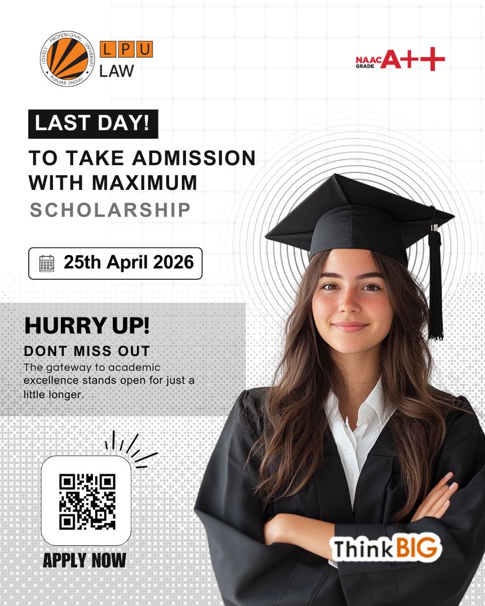 LPUlawSchool's tweet image. Last day to apply! Don’t miss your chance to study law with maximum scholarship—secure your future today. 🎓
#AdmissionsOpen #ApplyNow #LastDay #Scholarship #HigherEducation #UniversityLife #CollegeAdmissions #StudyAbroad #CareerGoals #FutureLawyer #LawSchool #LegalCareer