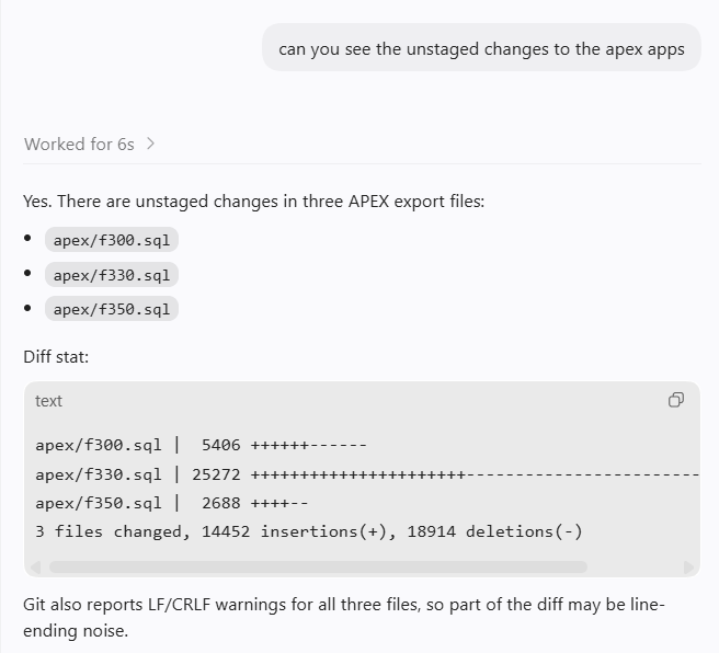 jeffreykemp's tweet photo. gpt 5.5 is quite good at comparing raw #orclapex SQL files out of the box.
This sort of analysis, plus code reviews, bug triage, fixes, and more will be even easier and faster with 26.1 #apexlang. https://t.co/JIjZWSBWH1
