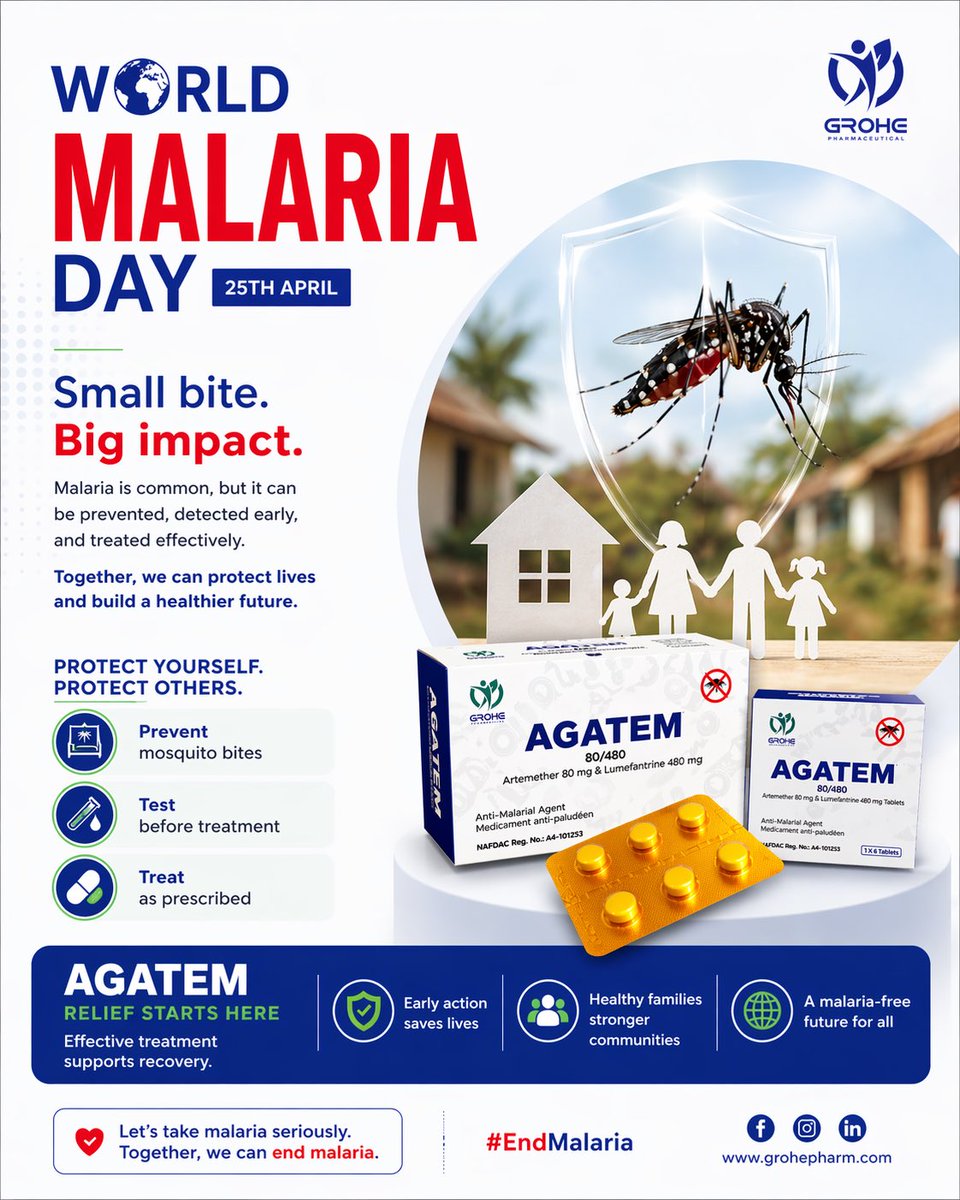 GrohePharm's tweet photo. Malaria is common, but it is preventable and treatable.

Don’t wait.
Protect yourself. Protect your family.

Act early. Treat right. Stay safe.

#EndMalaria #Agatem #WorldMalariaDay #StayHealthy https://t.co/YU6BRbQG8f