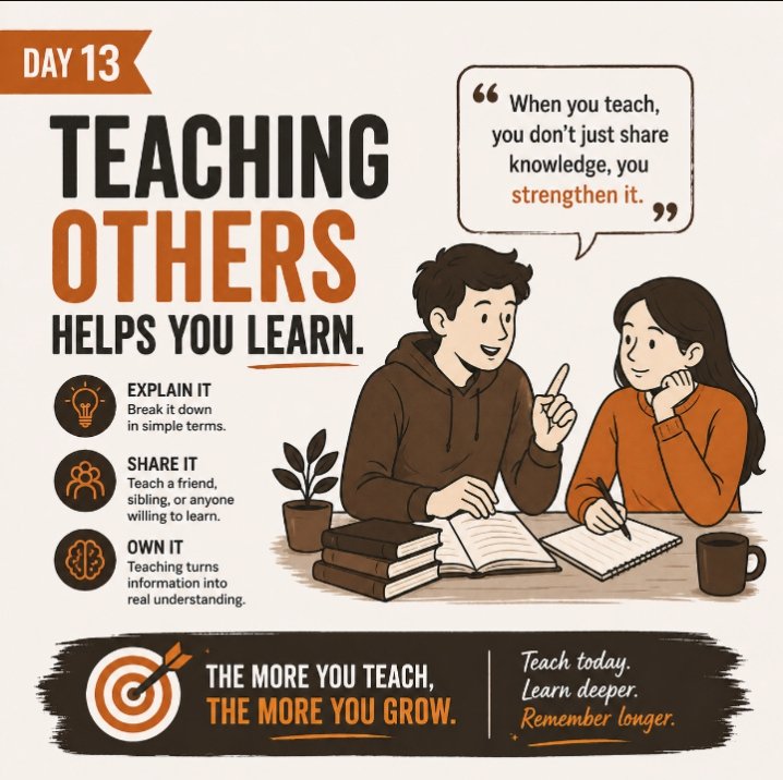 DinduCreatives's tweet photo. Don’t just read and move on - share it, break it down, teach someone.

That’s how knowledge sticks.

What can you teach someone today? 🤔

#PsychologyOfLearning
#StudyTips #Growth
#LearningSmarter #Consistency https://t.co/sKmwOmdIl0