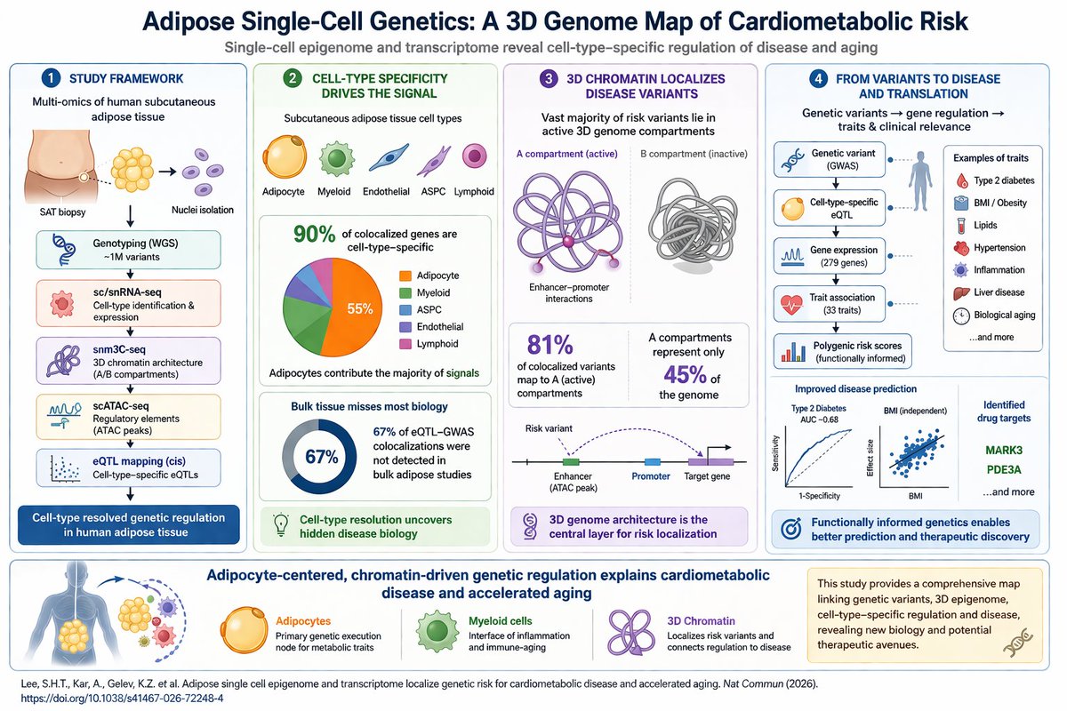 Adipose is not passive—it’s genetically wired for disease risk.

A new Nature Communications (2026) study maps single-cell eQTL + epigenome in human subcutaneous adipose tissue (SAT), revealing how genetic variants → cell-type–specific regulation → cardiometabolic disease &amp;