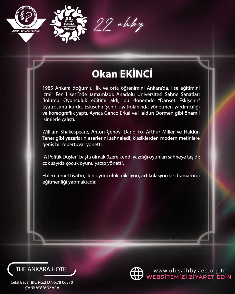 aeogk_'s tweet photo. “Eskimeyen Değerler, Eksilmeyen İzler” sloganıyla çıktığımız bu eşsiz yolda yeniden sizlerleyiz! 

22. Ulusal Hasta Bilgilendirme Yarışması ve Eczacılık Zirvesi kapsamında değerli konuğumuz Okan EKİNCİ, “Tiyatro Atölyesi” ile bizlerle olacak. https://t.co/CqsIuVaaBO