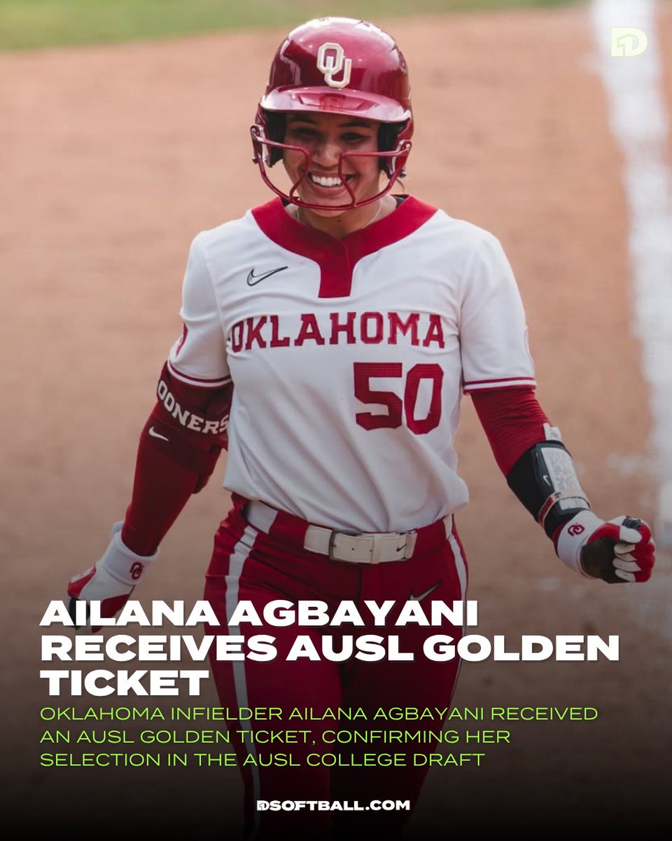 D1Softball's tweet image. This Sooner is golden ✨

Oklahoma infielder Ailana Agbayani received an AUSL Golden Ticket, confirming her selection in the AUSL draft. @OU_Softball head coach Patty Gasso praised her defensive abilities after the series with Texas.

Congratulations, Ailana 🎉