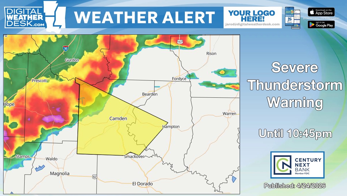 Severe Thunderstorm Warning for Calhoun and Ouachita County in AR until 10:45pm.