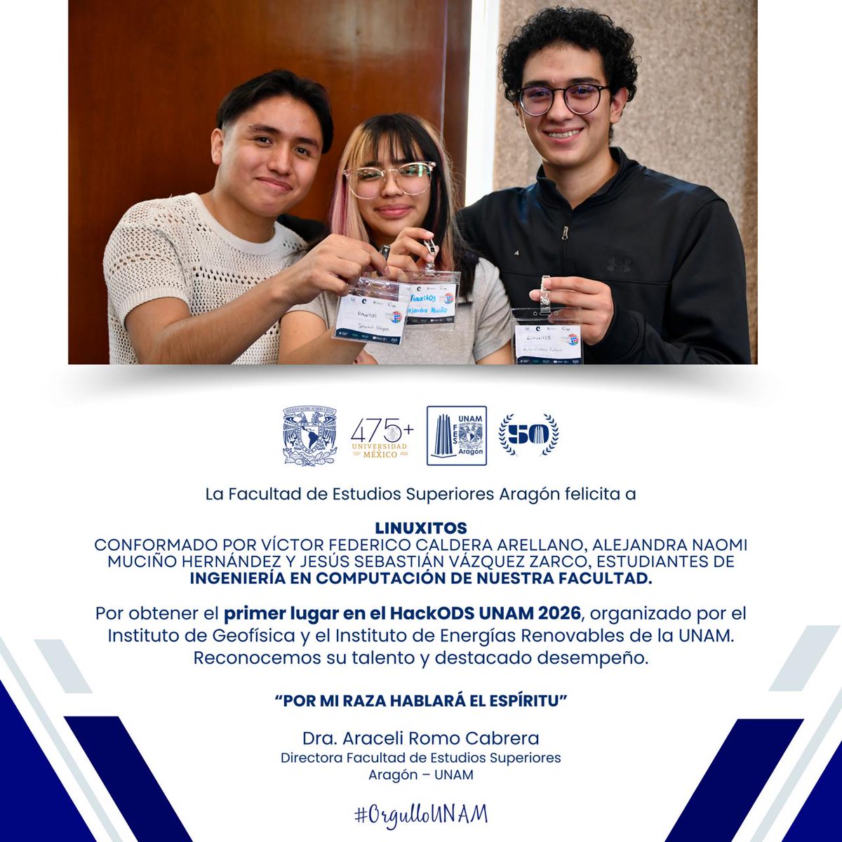 FESAragonUNAM's tweet photo. Orgullo FES Aragón 💙
El equipo LinuxitOS obtuvo el primer lugar en el HackODS UNAM 2026 con un proyecto sobre el acceso al agua en comunidades rurales, accede a la nota en: https://t.co/JUPM9i6EHj | #OrgulloUNAM  @ierunam
@GeofisicaUNAM
Checa el video en: https://t.co/xOH9K4Ugn2 https://t.co/Mspt6Hayjd