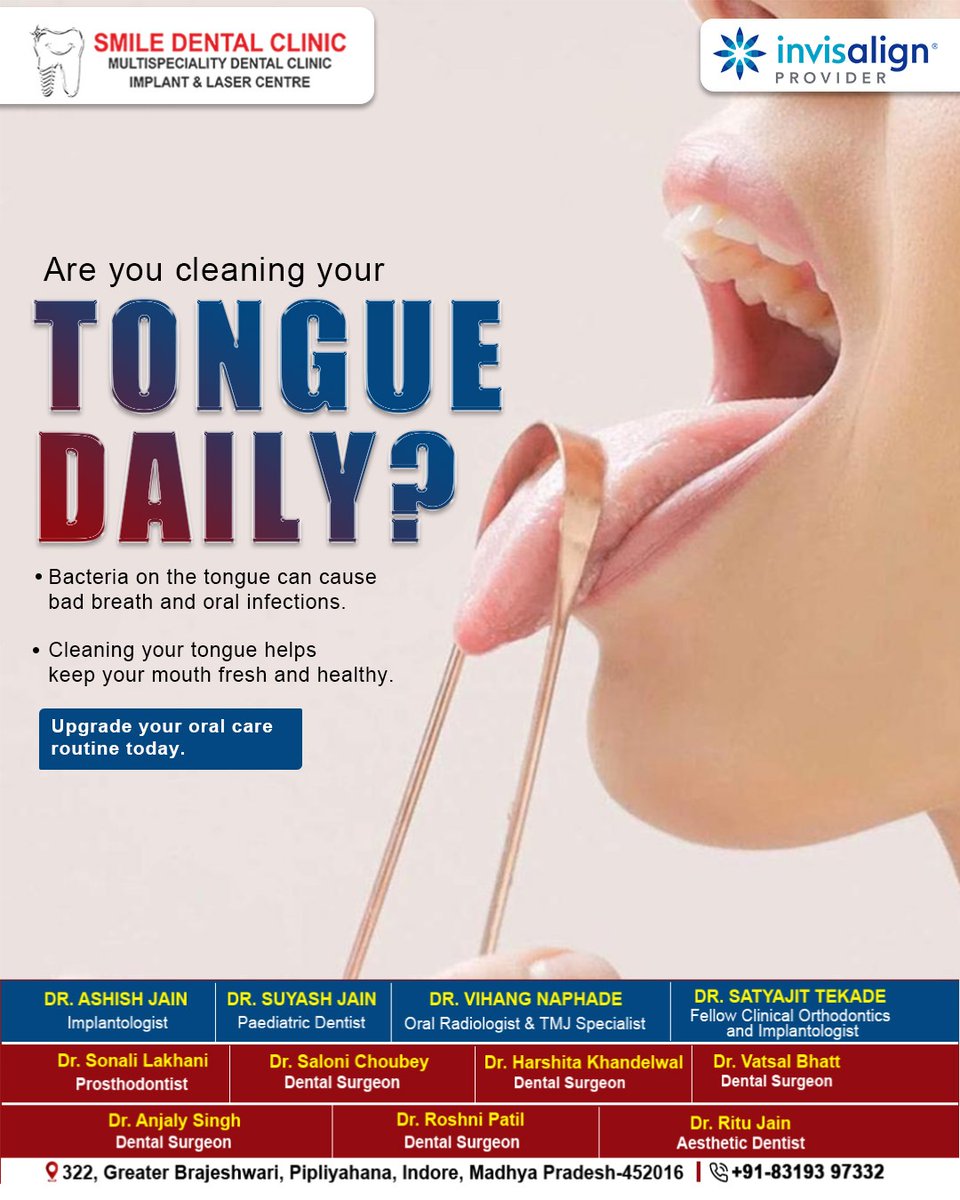 SmileDentalInd's tweet image. Are you cleaning your tongue every day, or just brushing your teeth and calling it enough?
Contact us:+91 83193 97332
Visit us: smiledentalclinicindore.in
.
#oralcare #freshbreath #tonguecleaning #dentalhealth #hygienetips
[tongue cleaning, oral hygiene, fresh breath, dental care]