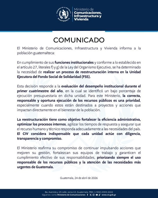 GtLiberal's tweet image. Una reestructuración interna se desarrollará en el Fondo Social de Solidaridad #FSS según informó el  #CIV. 
El proceso es el resultado de una evaluación de desempeño institucional durante el primer cuatrimestre de 2026.