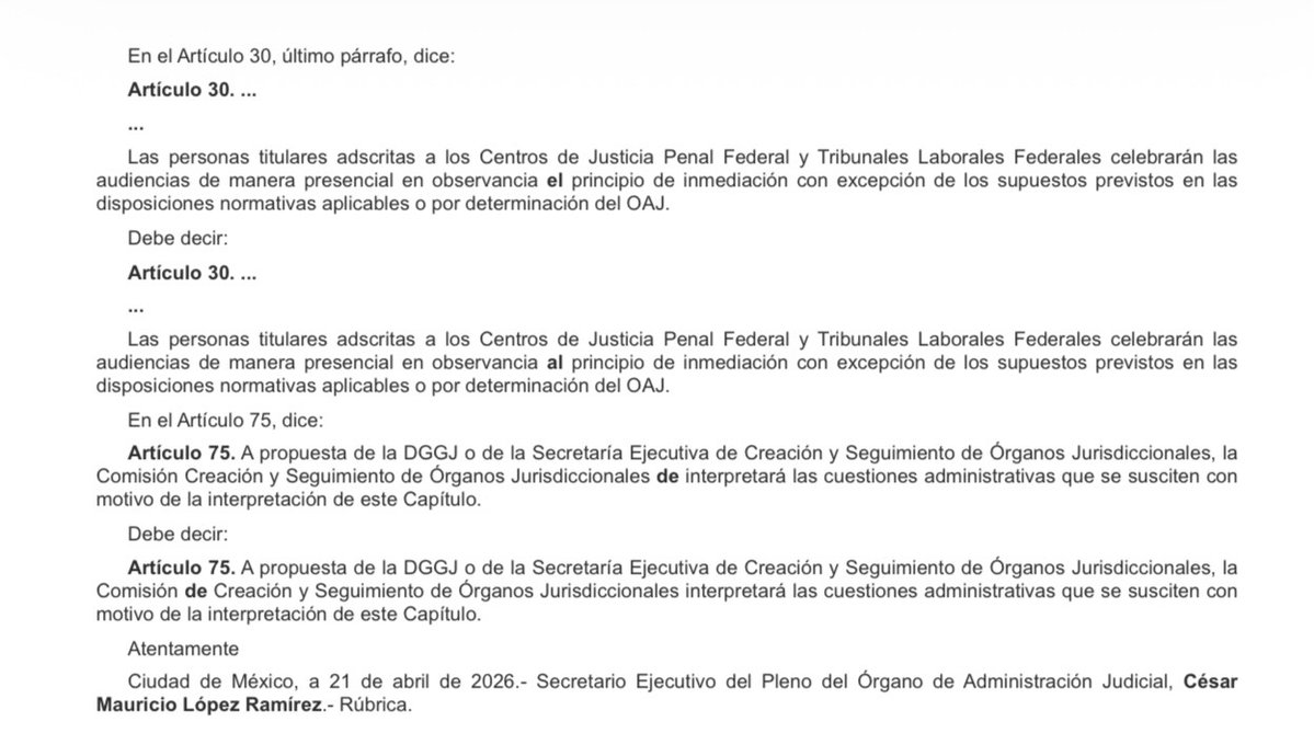 📄 “Aclaración al texto del Acuerdo General del Pleno del Órgano de Administración Judicial que regula la integración y trámite del expediente electrónico y el uso de videoconferencias en todos los asuntos competencia de los órganos jurisdiccionales a cargo del Órgano, publicado
