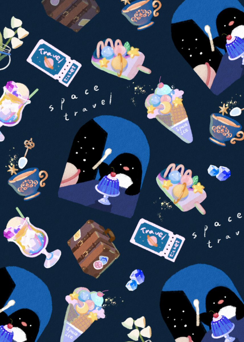 kototaruto10's tweet image. 宇宙旅行を楽しむペンギン🐧🍨
 #世界ペンギンの日　#illustration