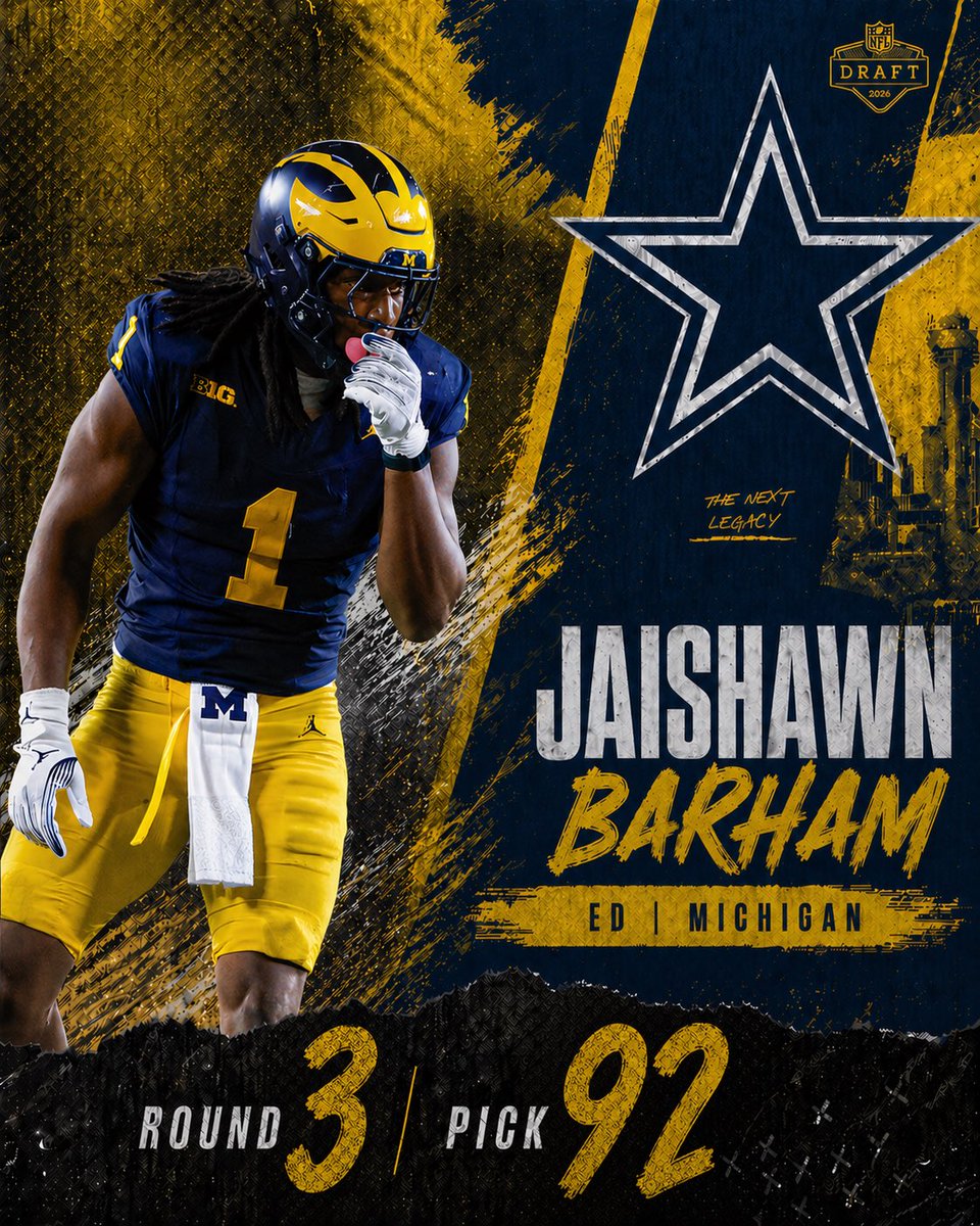 #Cowboys have selected Michigan pass rusher Jaishawn Barham with the 92nd Pick…