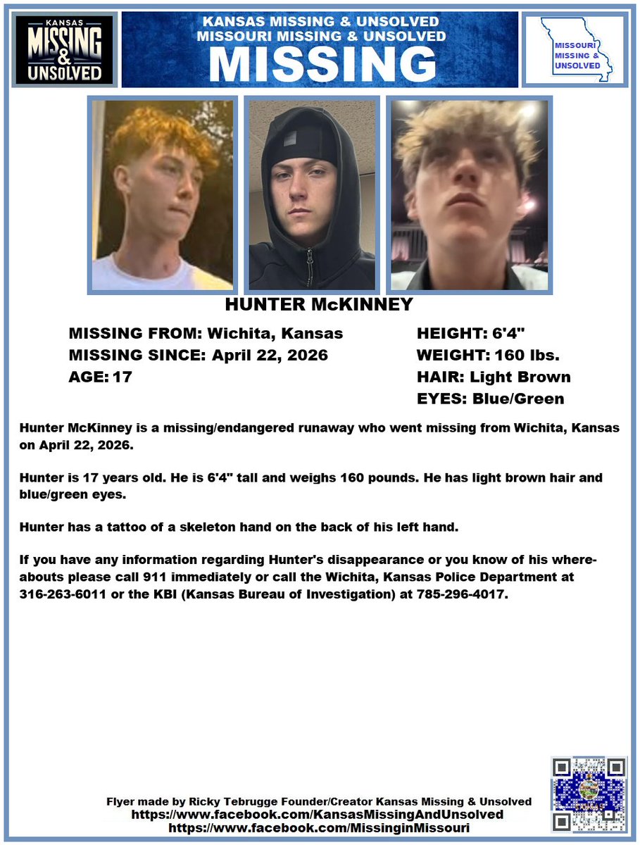 KansasMissing's tweet image. #MISSINGPERSON #MISSING PLEASE SHARE/PRINT/POST!!! HUNTER McKINNEY (WICHITA, KANSAS)!!!  

#KansasMissing #MissingInKS #MissingInKansas #MissingKansan #Wichita #Kansas @AnnetteLawless