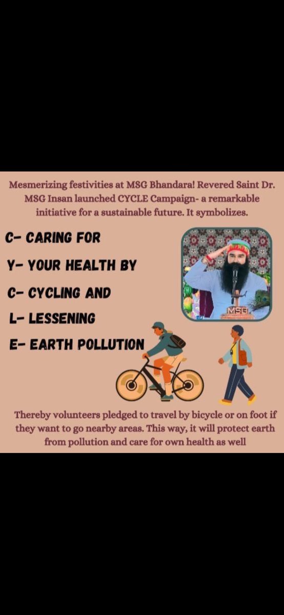 bosky_bhutani's tweet photo. The CYCLE initiative by Saint Gurmeet Ram Rahim Ji promotes physical fitness and reduce environmental pollution! It encourages people to use cycle or walk for short distances so that the environment remains clean &amp; health remains healthy. #CareForHealth https://t.co/3gS6VmI01k