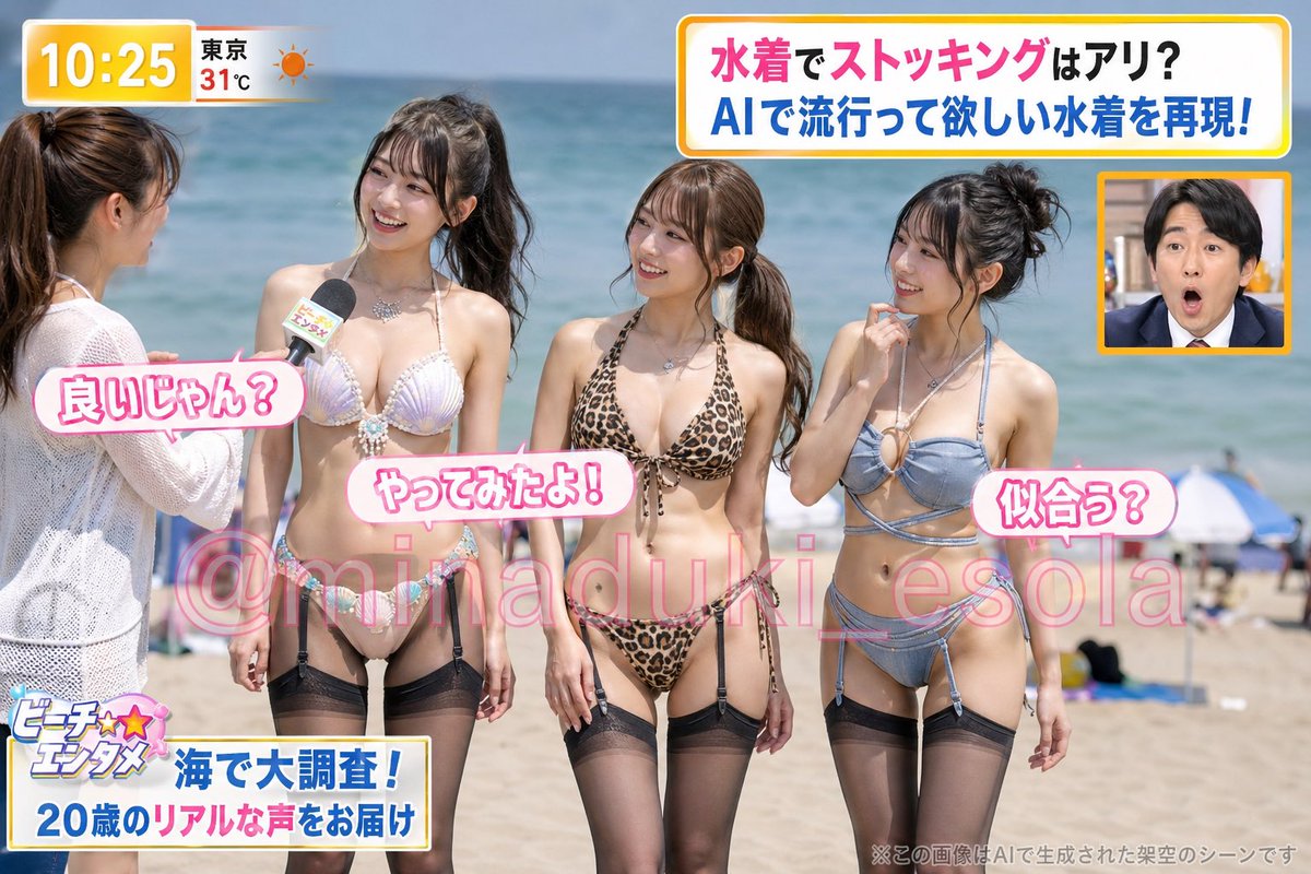 minaduki_esola's tweet image. 前回の水着×ストッキングがバズったので、ビーチで緊急街頭インタビュー風にAIで完全再現してみた📺

「水着でストッキングはアリ？ナシ？」

みんなのリアルな意見聞きたい😂
アリ派？ナシ派？

#水着トレンド #AI生成 #2026夏