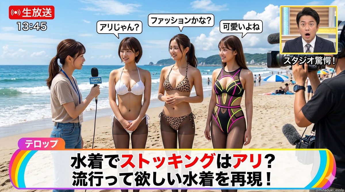 minaduki_esola's tweet image. 前回の水着×ストッキングがバズったので、ビーチで緊急街頭インタビュー風にAIで完全再現してみた📺

「水着でストッキングはアリ？ナシ？」

みんなのリアルな意見聞きたい😂
アリ派？ナシ派？

#水着トレンド #AI生成 #2026夏