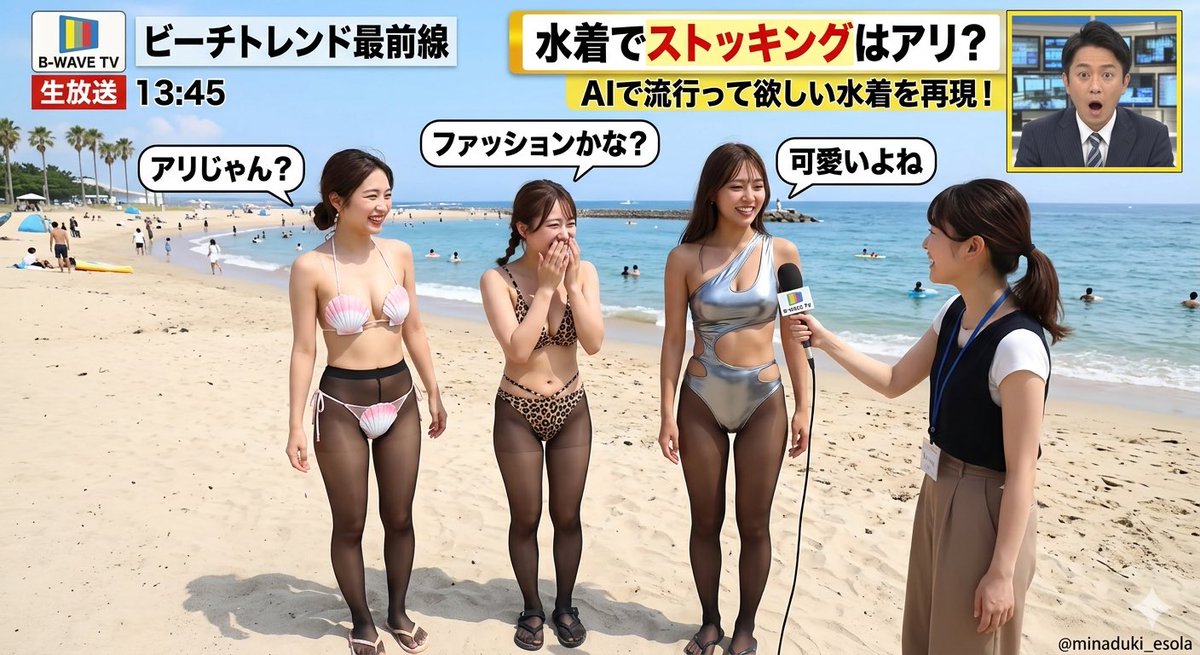 minaduki_esola's tweet image. 前回の水着×ストッキングがバズったので、ビーチで緊急街頭インタビュー風にAIで完全再現してみた📺

「水着でストッキングはアリ？ナシ？」

みんなのリアルな意見聞きたい😂
アリ派？ナシ派？

#水着トレンド #AI生成 #2026夏