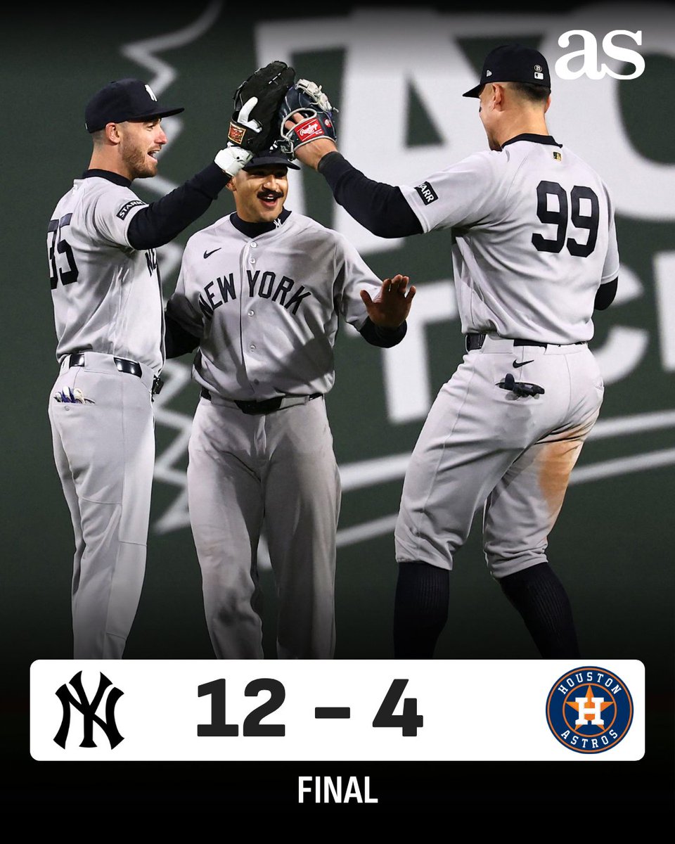 US_diarioas's tweet image. ¡Los Yankees dominan Houston! 😎

Con un aplastante resultado 4-12, New York se lleva el primer juego de la serie ante los Astros 🔥🤯

¡SIGUE EL DIRECTO! ⚾️📡
acortar.link/xpGJbe

#Yankees | #MLB | #HoustonAstros