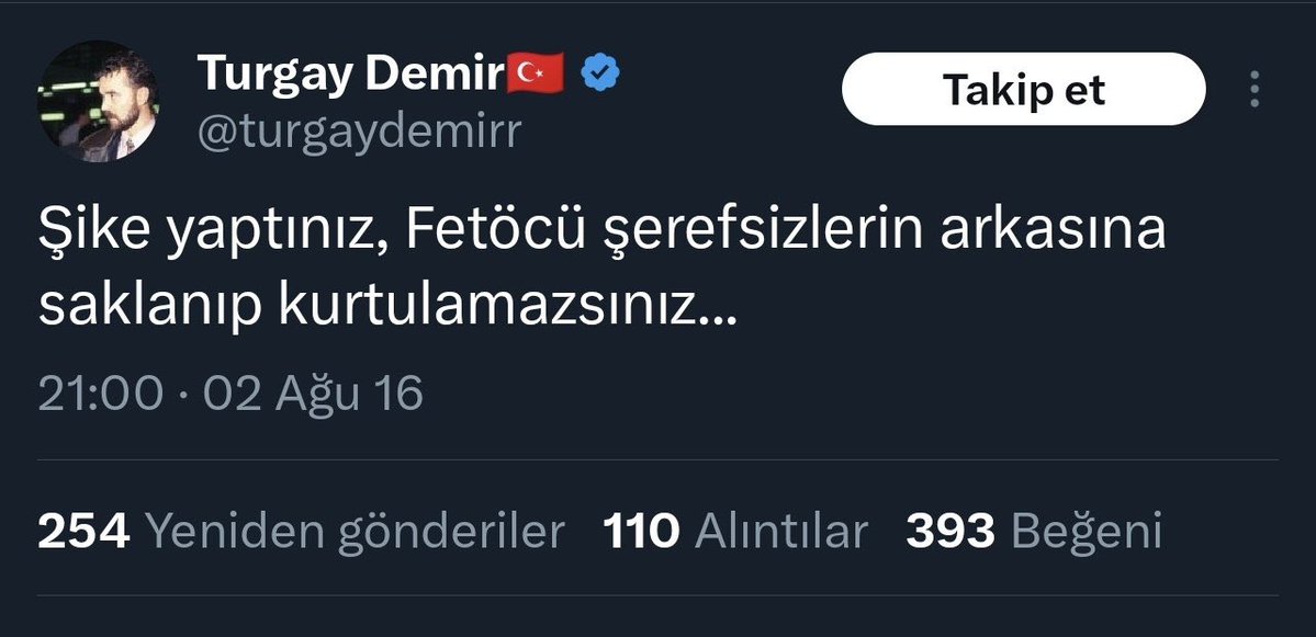 Turgay, bu tweetini sildin mi? Göremedim de. Neyse, ekran görüntüsü bende duruyor. Tweet’te yazdıklarını bir daha yazar mısın? Çünkü fetöcülerin arkasına saklanıp kurtuldular, şeref yoksunları.
<a href="/turgaydemirr/">Turgay Demir🇹🇷</a>