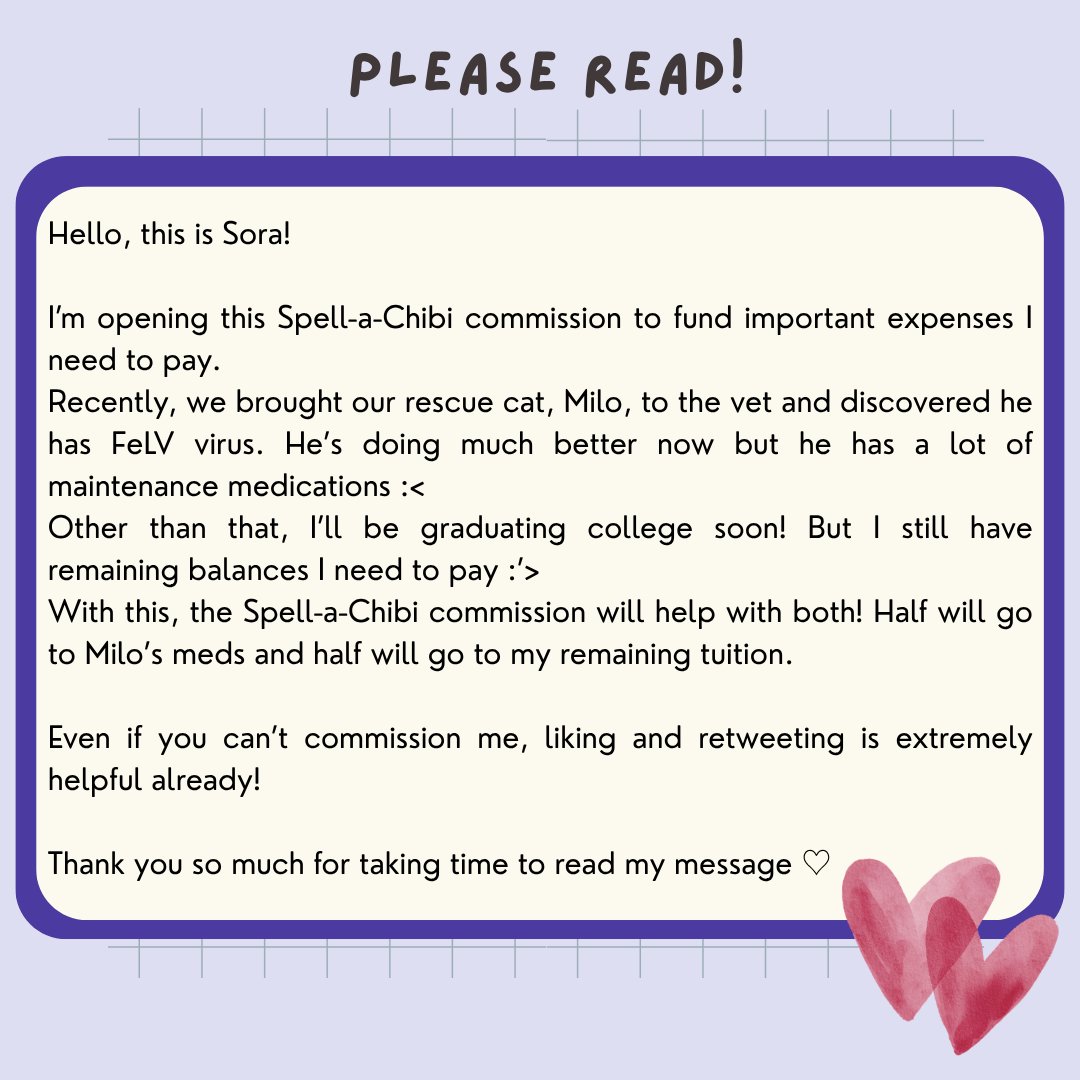 soramifasol's tweet photo. --꒰ა Spell-a-Chibi ໒꒱--

♡+↻ appreciated~

Kindly read the message on the photo!

☆ DM or reply to waitlist. 15 slots available for now~
☆ Will begin working on April 30!
☆ Please check this thread for any updates ><

Thank you so much for your time ૮ ˶ᵔ ᵕ ᵔ˶ ა https://t.co/g7TJSeVKrf