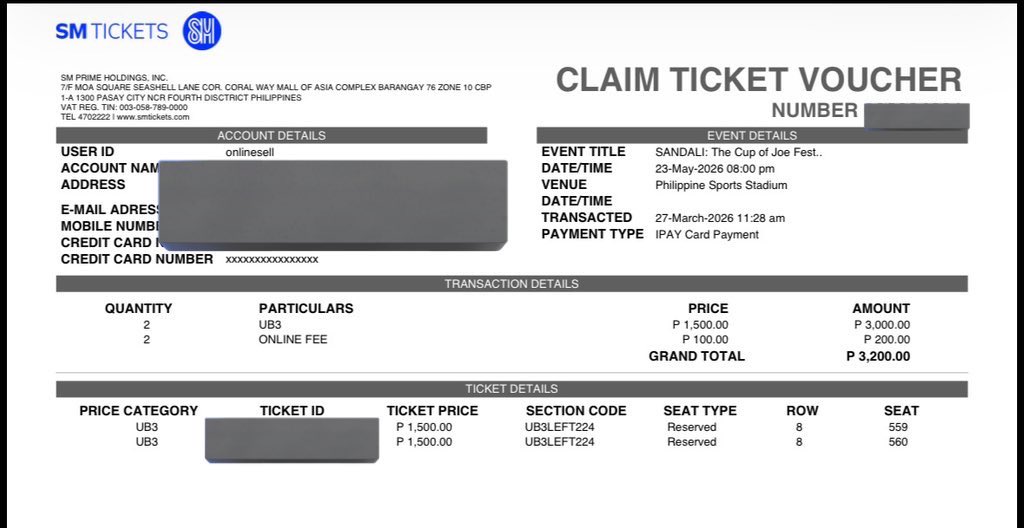 lyraeiaa's tweet image. WTS LFB

Cup of Joe Sandali concert 
- 2pcs upperbox 3
- 1.6k ea (srp)
-Ub left 224, row 8 seat 559 &amp;amp; 560
- unclaimed 
- meet up / kaliwaan
- moa / makati

Rfs - conflict sa kasal ng friend ko 😞

#SandaliTheCOJFest #CupOfJoe 
tags coj ph stadium sandali con