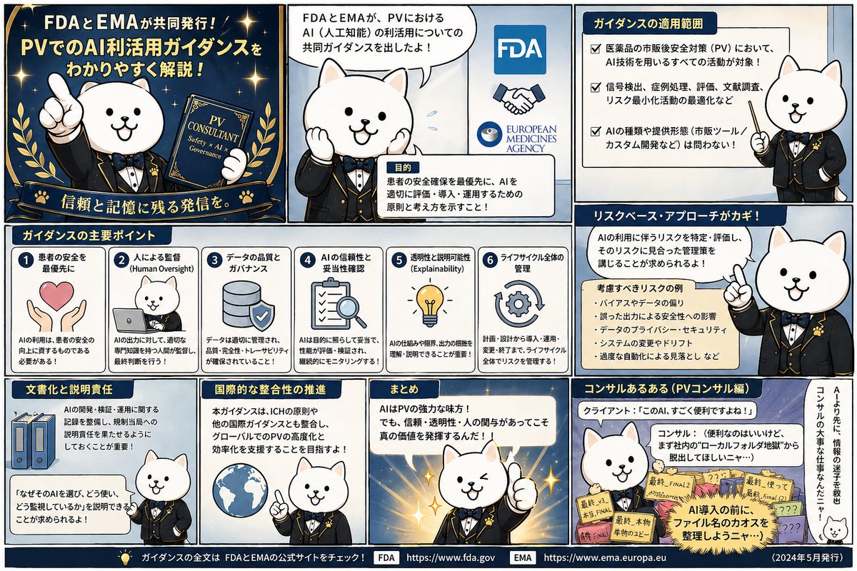 NyankoPv's tweet image. PV領域でのAI利活用もいよいよ本格化、みんなFDAとEMAの共同ガイダンスは理解しているかニャン？もう我々はコンサバな人間なんで…なんて言ってられないニャン🐾 #FDA #EMA #PV #AI