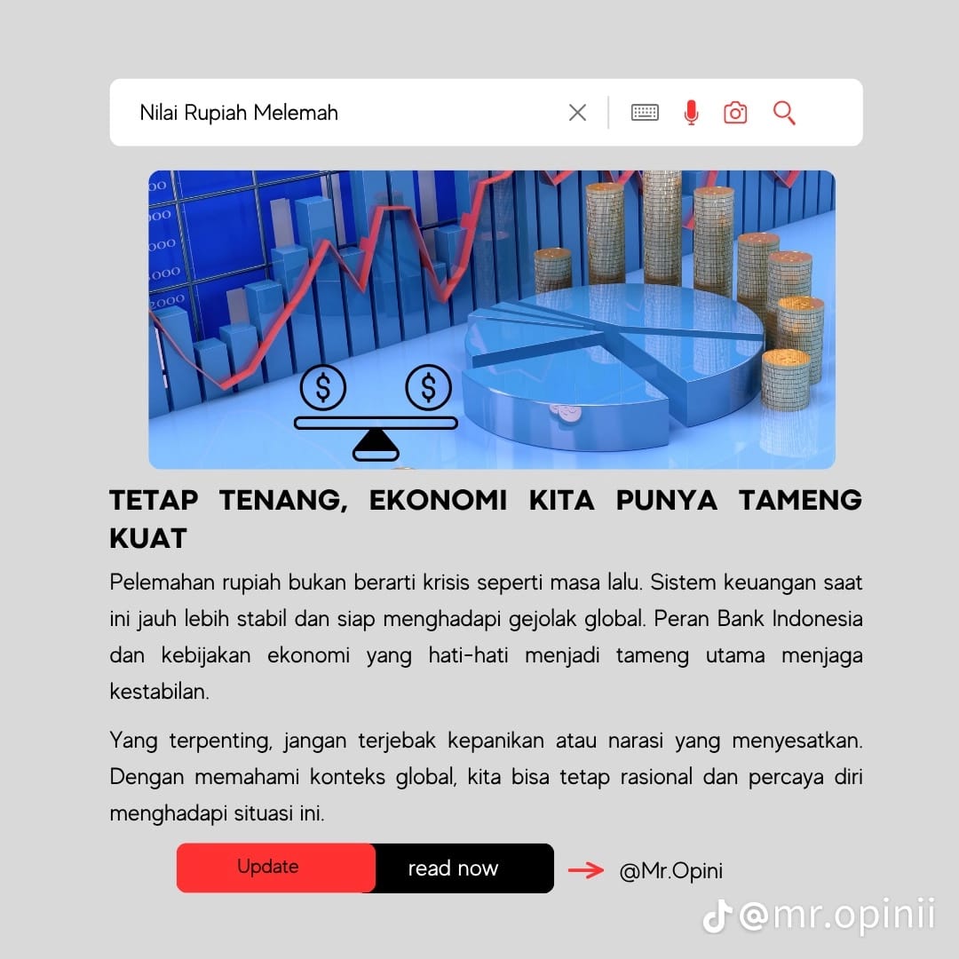 yayanip12358's tweet photo. Rupiah melemah bukan berarti ekonomi runtuh. Ini efek domino global akibat kebijakan suku bunga luar negeri. Yang penting fundamental kita tetap stabil &amp; cadangan devisa kuat. Stay rational, folks! 📉 ​#jagaindonesia #EkonomiIndonesia #UpdateRupiah #InfoEkonomi #IndonesiaTangguh https://t.co/hFDNSyH5cu