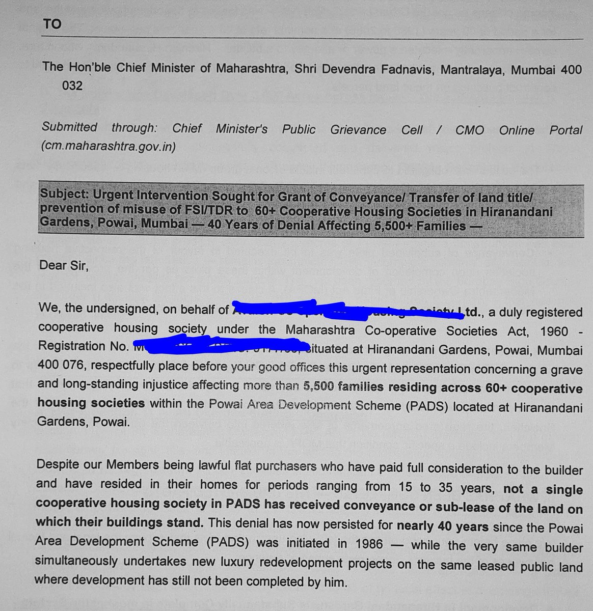 More than 10 societies have written such a letter to <a href="/CMOMaharashtra/">CMO Maharashtra</a> <a href="/MMRDAOfficial/">MMRDA</a> etc wake up political leadership to injustice to common citizens in #HiranandaniGardens Powai. It is unprecedented that Authorities refuse conveyance using figleaf of tripartite agreement. 40