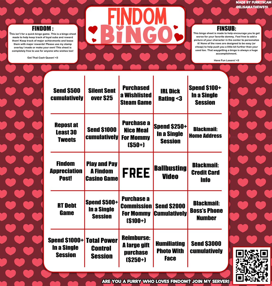 ElisaMathews19's tweet photo. Finally had some time, after listening to feedback with my subs I re-did my bingo game! Now it's a lot easier for other Findoms and Finsubs to interpret it! I really want this to be a thing more Findoms use since I've had a lot of success with it. 

2DFD | Findom | Game | Goon https://t.co/gCkHItwCAz