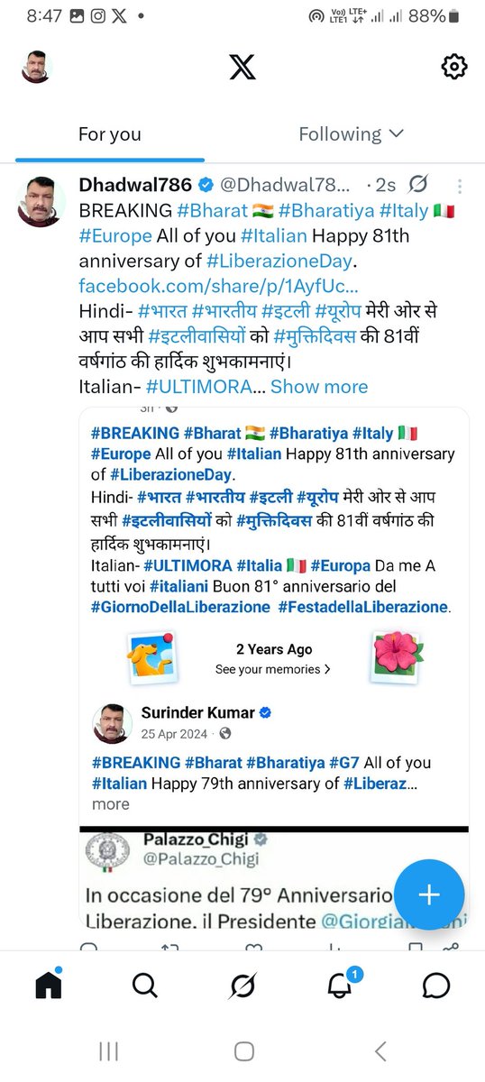 Dhadwal78681272's tweet image. BREAKING #Bharat 🇮🇳 #Bharatiya #Italy 🇮🇹 #Europe All of you #Italian Happy 81th anniversary of #LiberazioneDay. facebook.com/share/p/1AyfUc… 
Hindi- #भारत #भारतीय #इटली #यूरोप मेरी ओर से आप सभी #इटलीवासियों को #मुक्तिदिवस की 81वीं वर्षगांठ की हार्दिक शुभकामनाएं।
Italian- #ULTIMORA